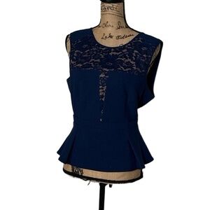 BCBGMAXAZRIA Top Womens Size Large Navy Blue Peplum Lace Sleeveless Elegant Chic